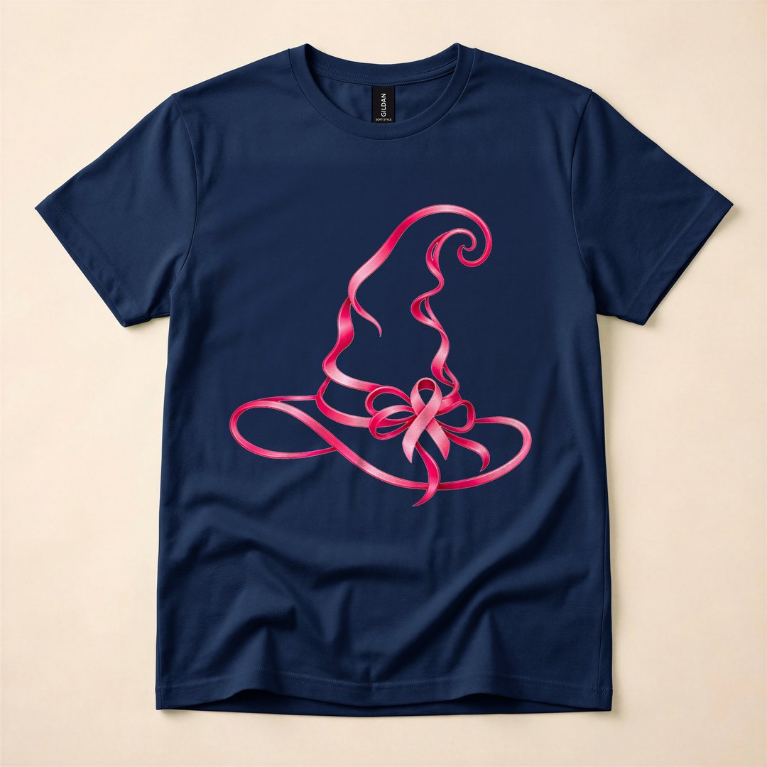 Pink Ribbon Witch Hat Breast Cancer Awareness T-Shirt - photo 2