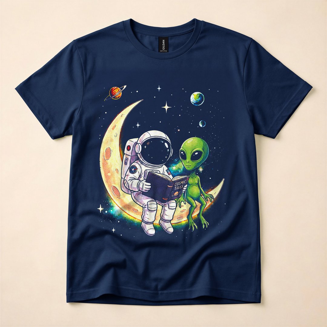 Astronaut Reading a Bedtime Story to an Alien T-Shirt - photo 2