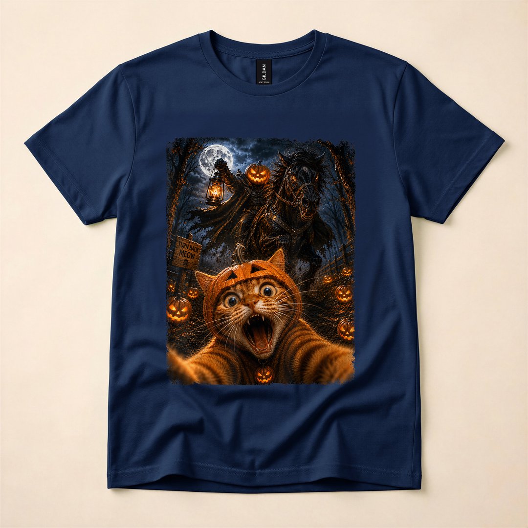 Headless Horseman Cat Selfie Pumpkins Moonlit Halloween T-Shirt - photo 2