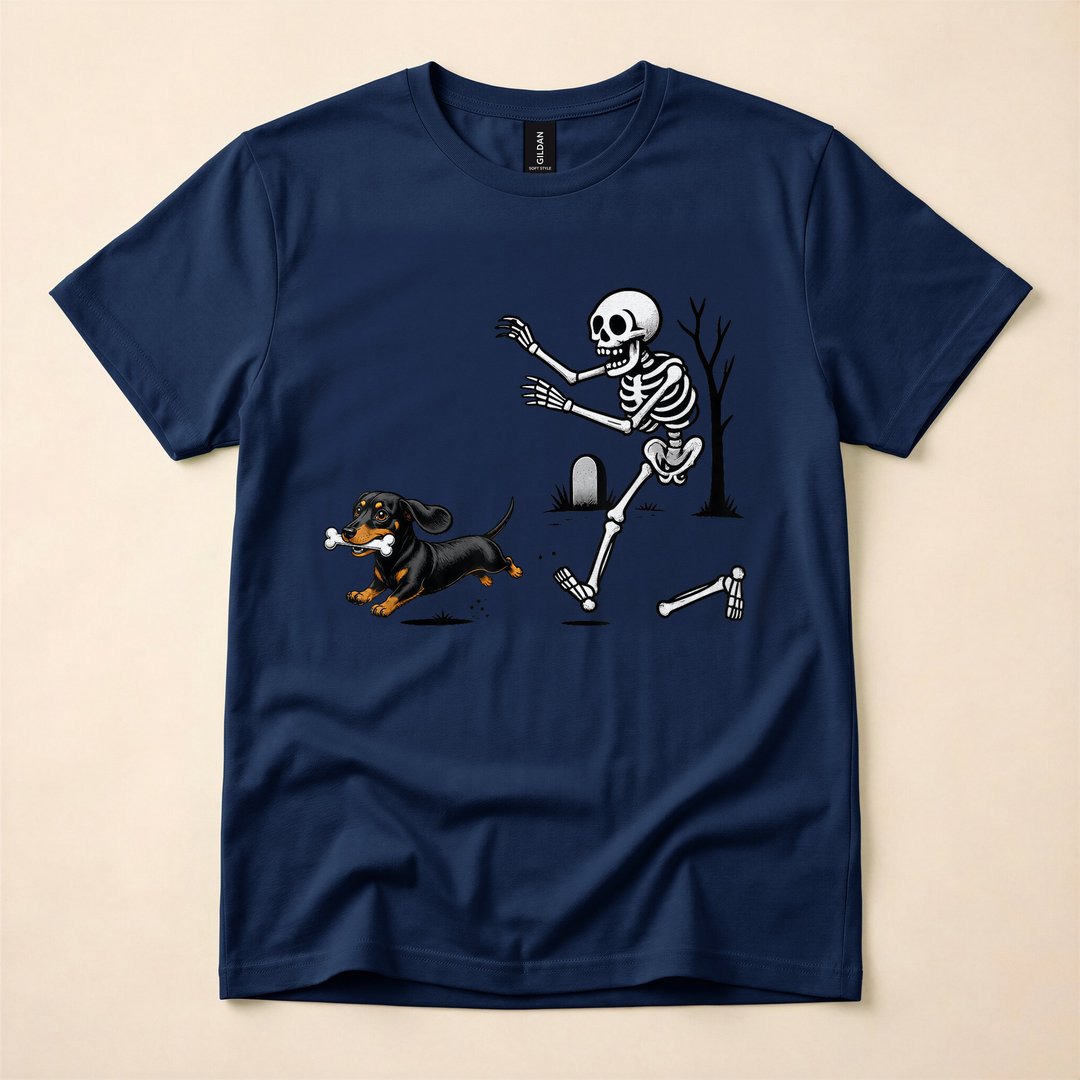 Funny Dachshund Skeleton Chasing a Bone Halloween T-Shirt - photo 2