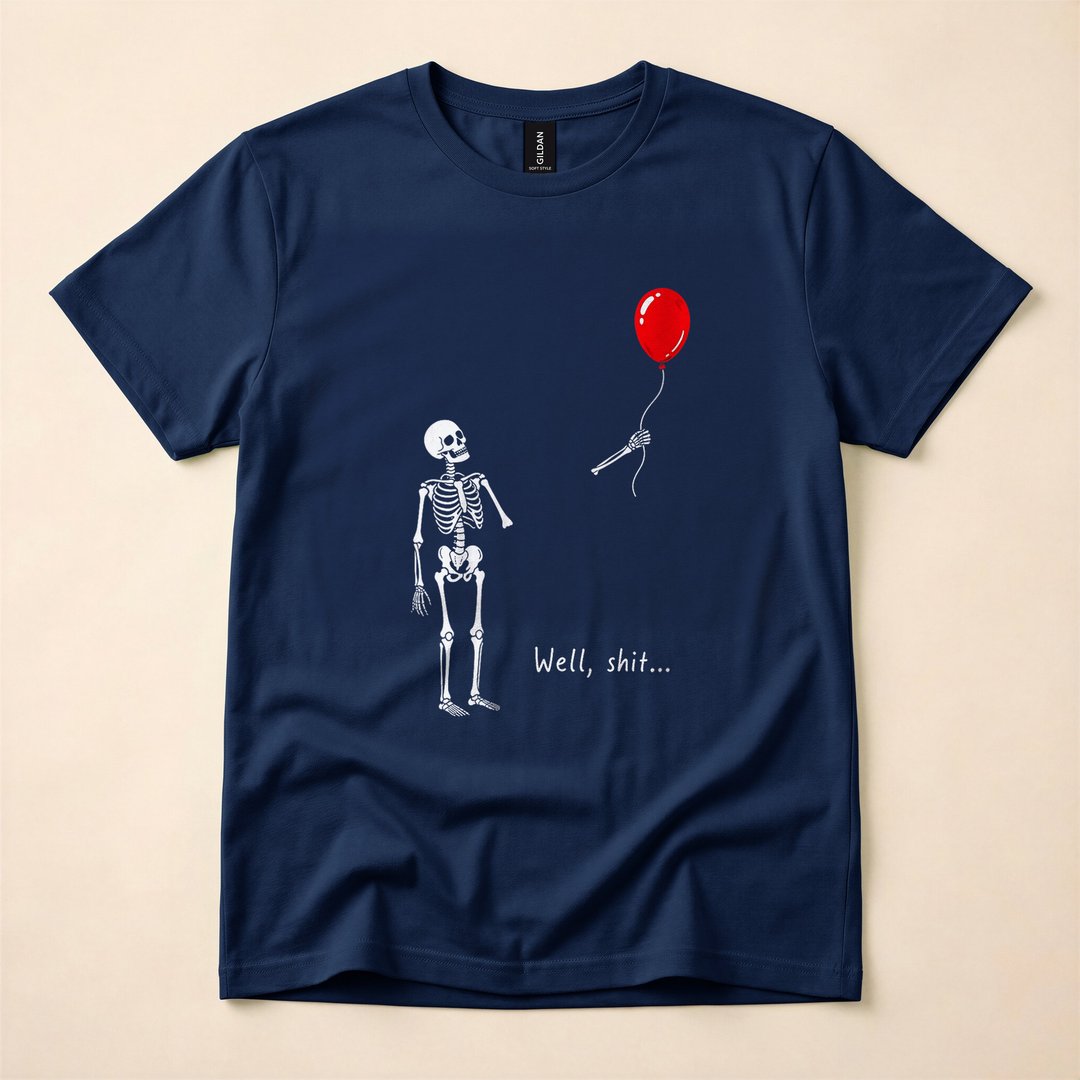 Skeleton Chasing a Lost Balloon Funny Spooky Halloween T-Shirt - photo 2