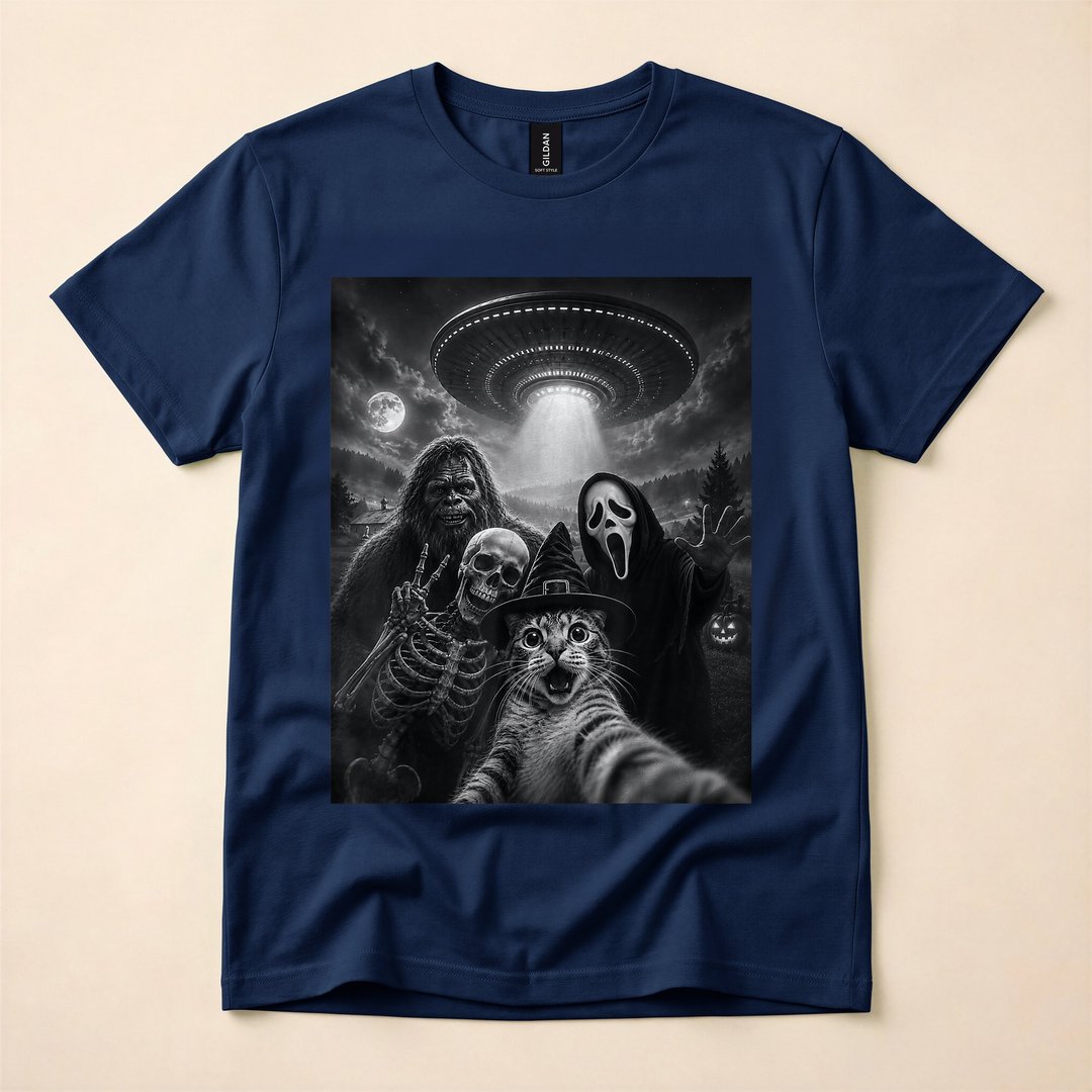 Cat Selfie with Bigfoot Alien UFO and Ghost Spooky Mashup T-Shirt - photo 2