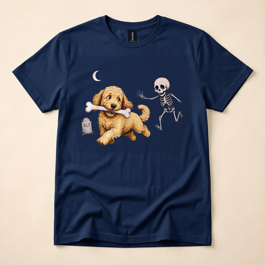 Goldendoodle Stealing a Skeleton Bone Funny Halloween T-Shirt - photo 2