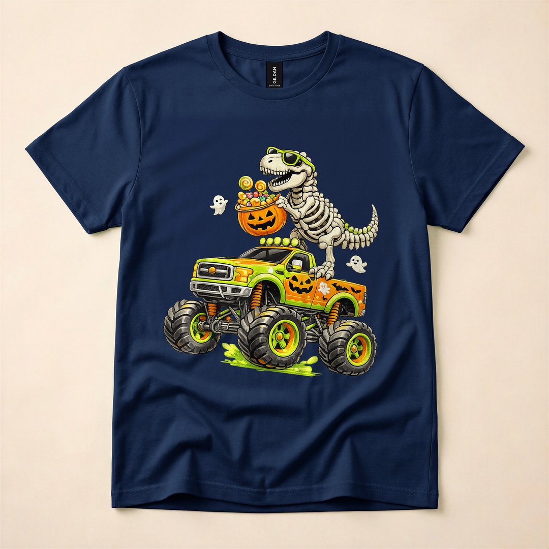 Monster Truck Dinosaur Skeleton T-Rex Boys Halloween T-Shirt - photo 2