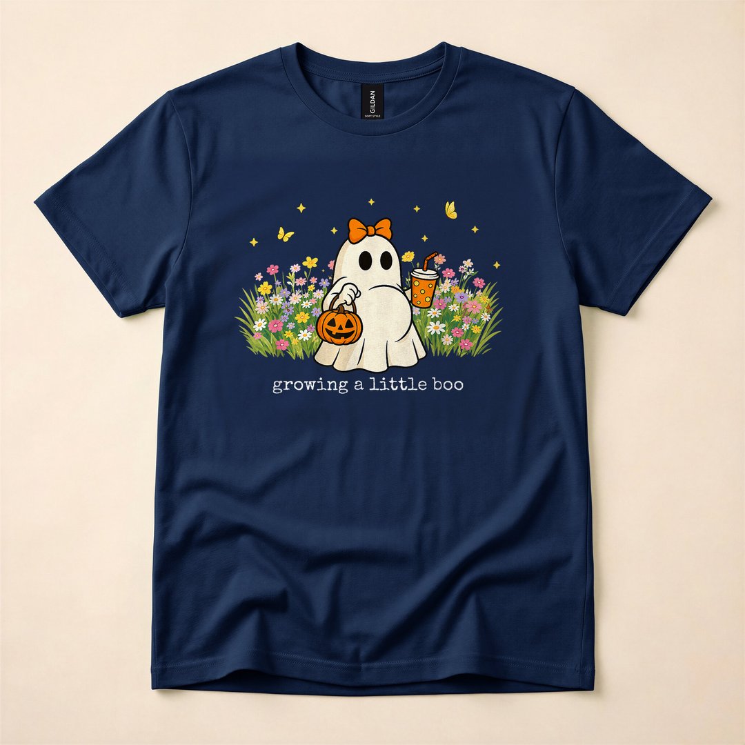 Growing A Little Boo Floral Ghost Pregnancy Halloween T-Shirt - photo 2