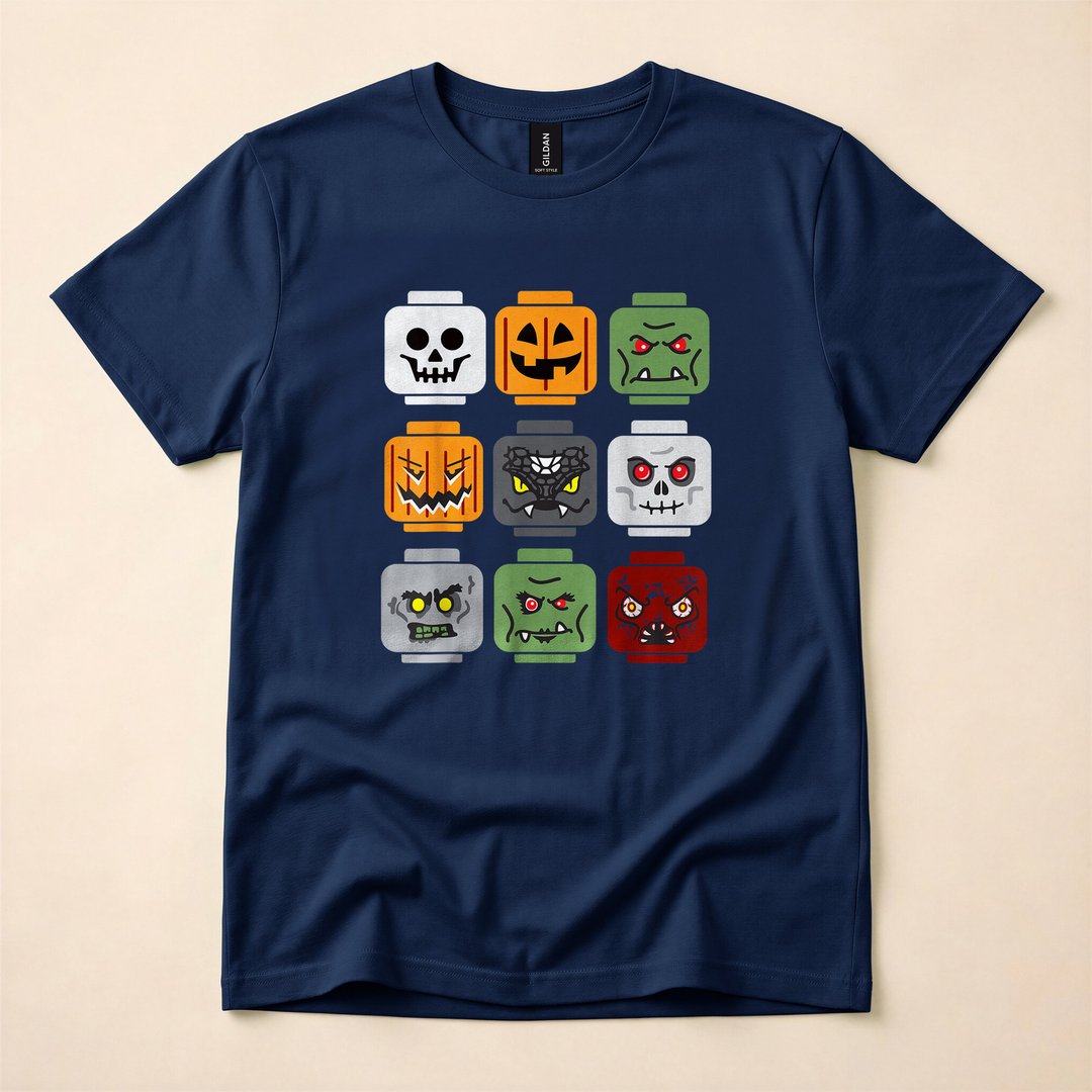 Halloween Brick Head Pumpkin Ghost Zombie Crew T-Shirt - photo 2