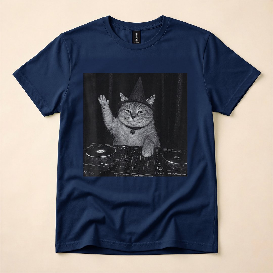 Spooky Wizard DJ Cat Funny Halloween Meme T-Shirt - photo 2