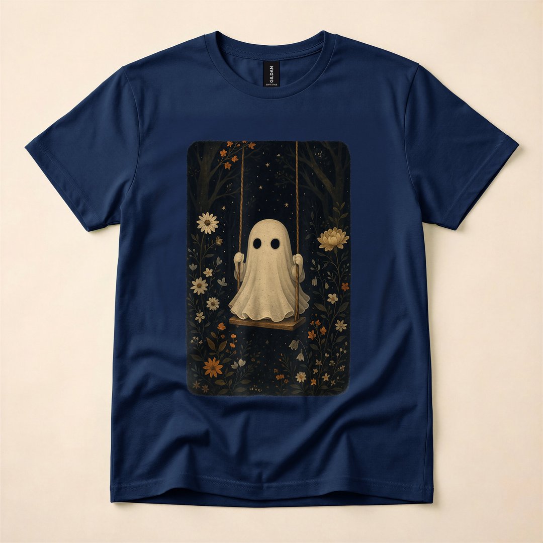 Cottagecore Ghost on a Floral Swing Halloween T-Shirt - photo 2