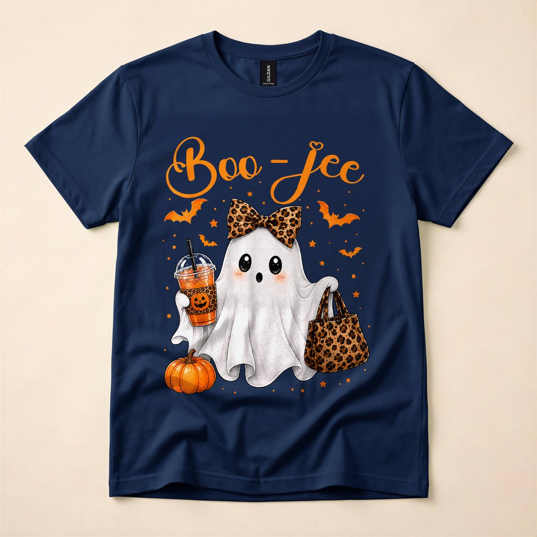 Boo-Jee Ghost and Pumpkin Leopard Coffee Halloween T-Shirt - photo 2