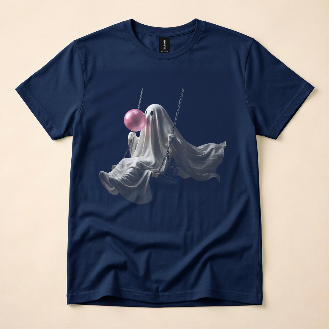 Cute Ghost on a Swing Blowing Bubble Gum Halloween T-Shirt - photo 2