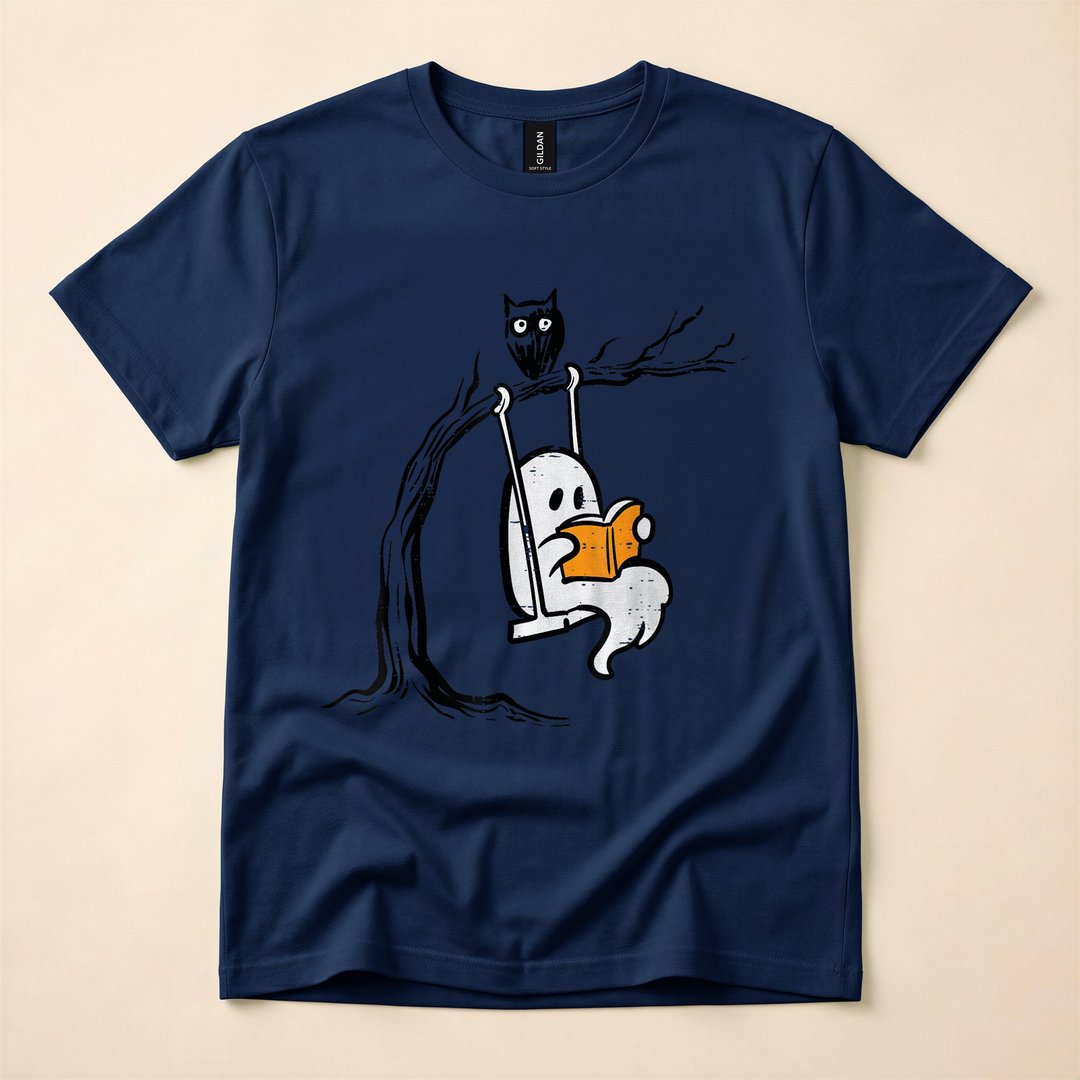 Cute Ghost Reading on a Swing Vintage Halloween T-Shirt - photo 2
