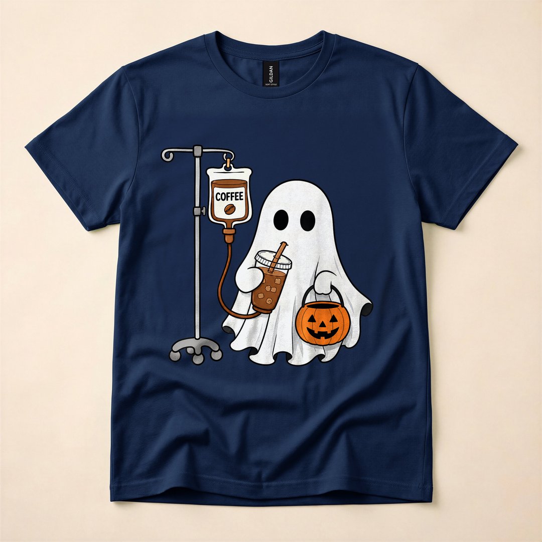 Ghost Drinking Iced Coffee Cute Halloween T-Shirt - photo 2