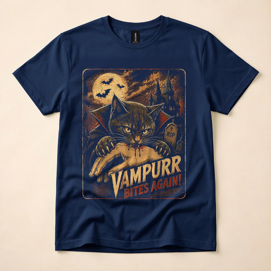 Vampurr Vampire Cat Bites Again Funny Halloween T-Shirt - photo 2