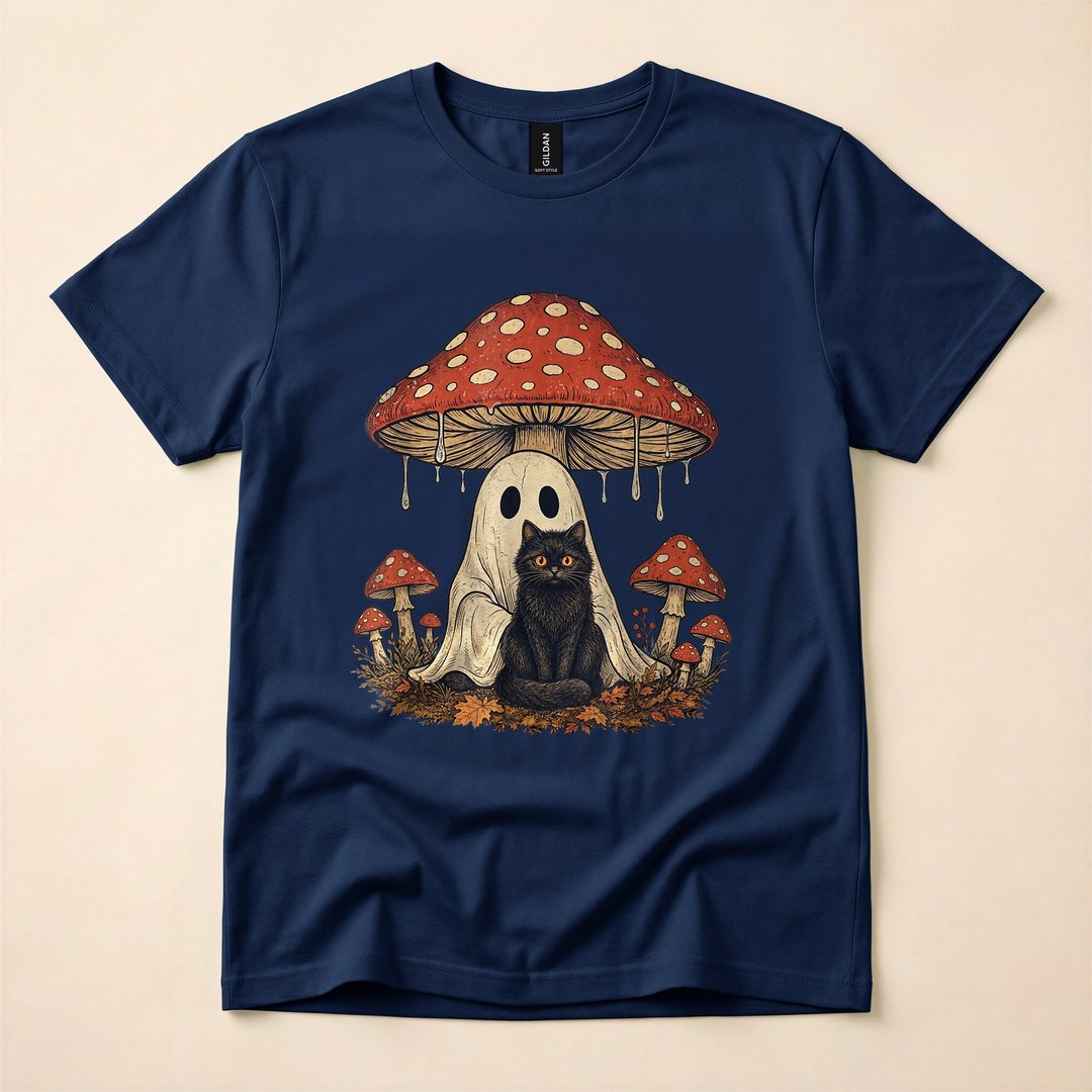 Mushroom Ghost and Black Cat Cottagecore Halloween T-Shirt - photo 2
