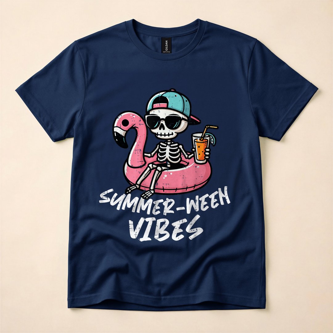 Summer-Ween Skeleton Pool Float Funny Halloween T-Shirt - photo 2