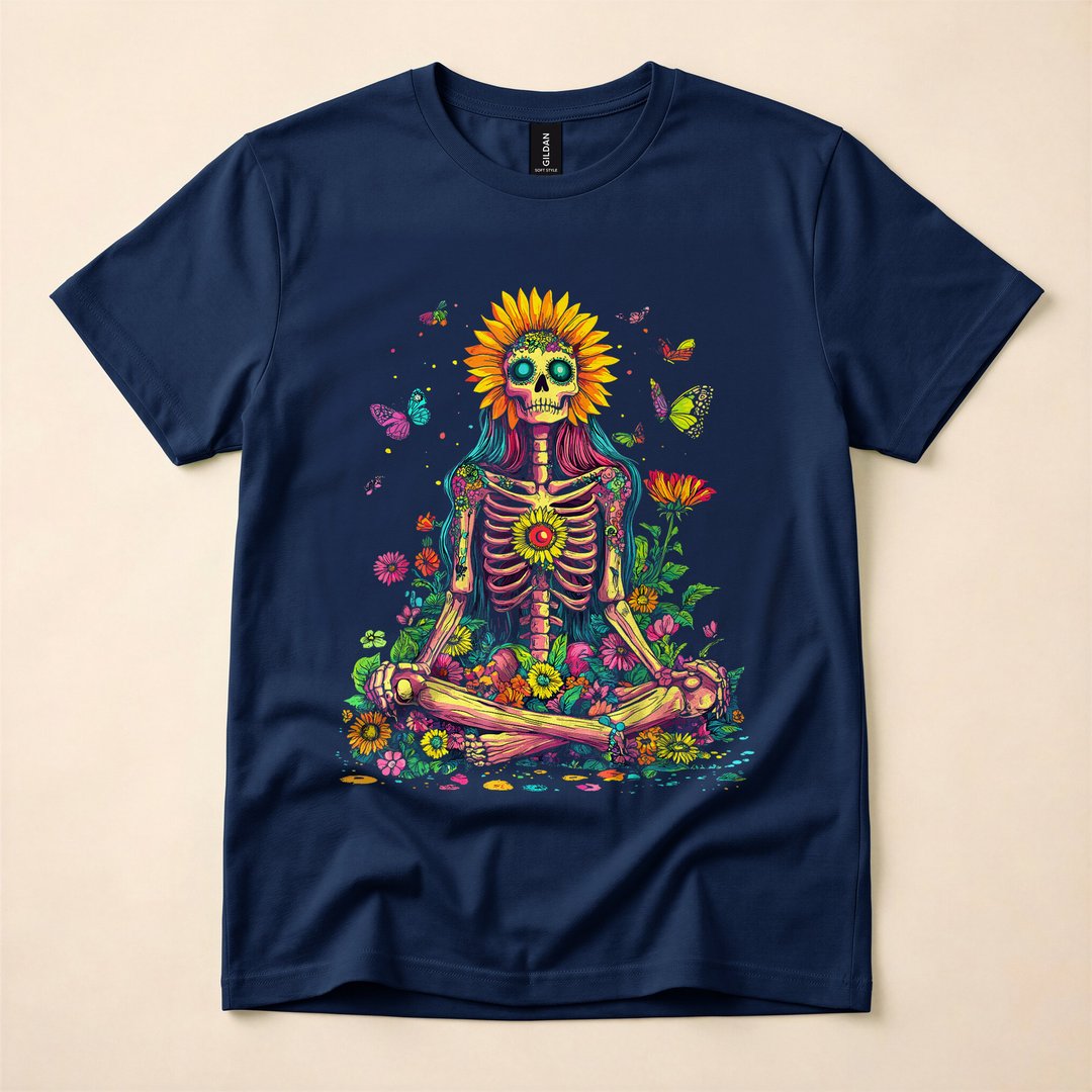 Trippy Sunflower Skeleton Psychedelic Hippie T-Shirt - photo 2