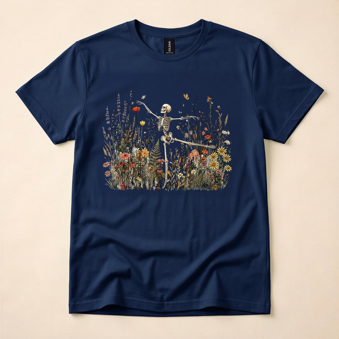 Dancing Skeleton with Wildflowers Cottagecore Halloween T-Shirt - photo 2