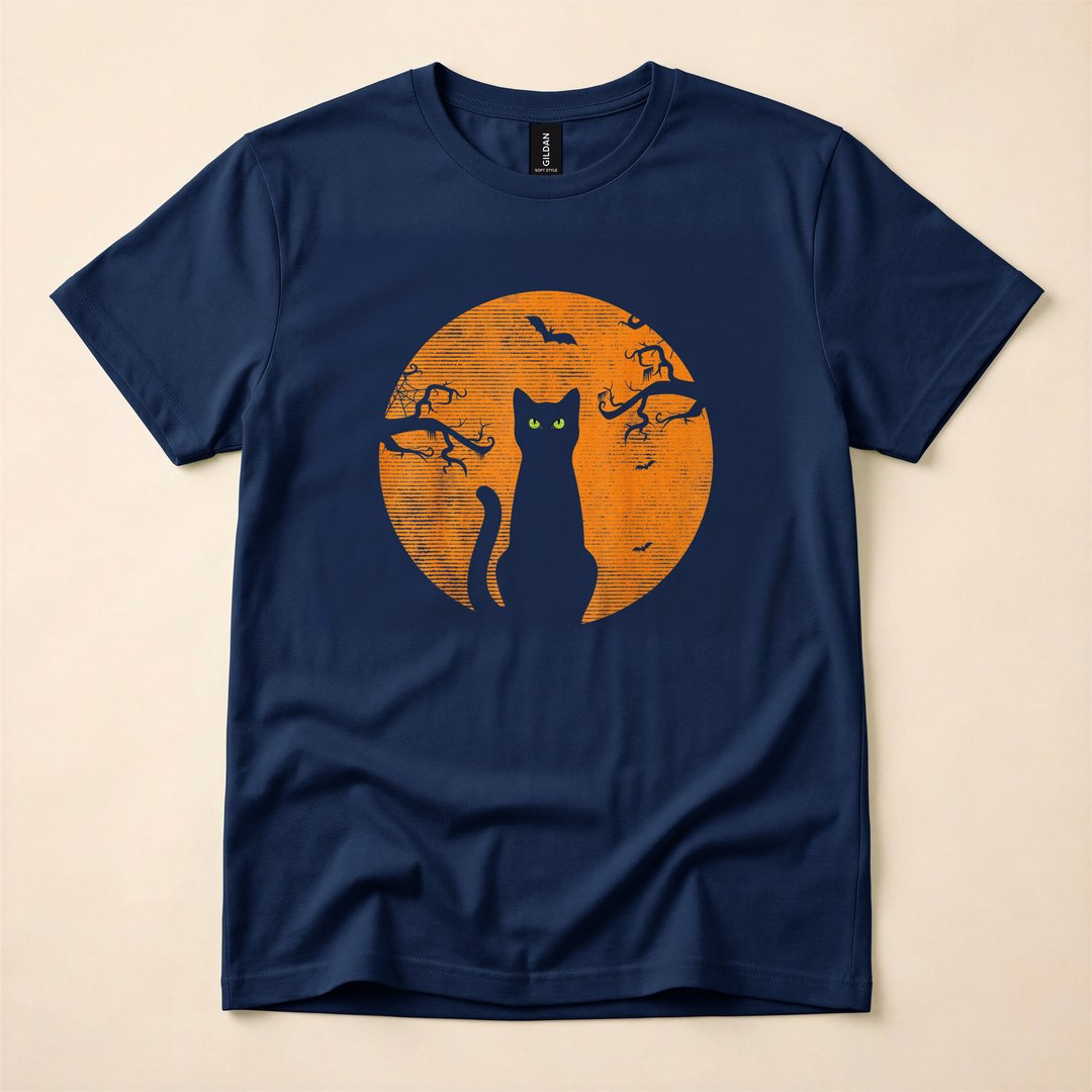 Vintage Scary Cat and Moon Retro Halloween T-Shirt - photo 2