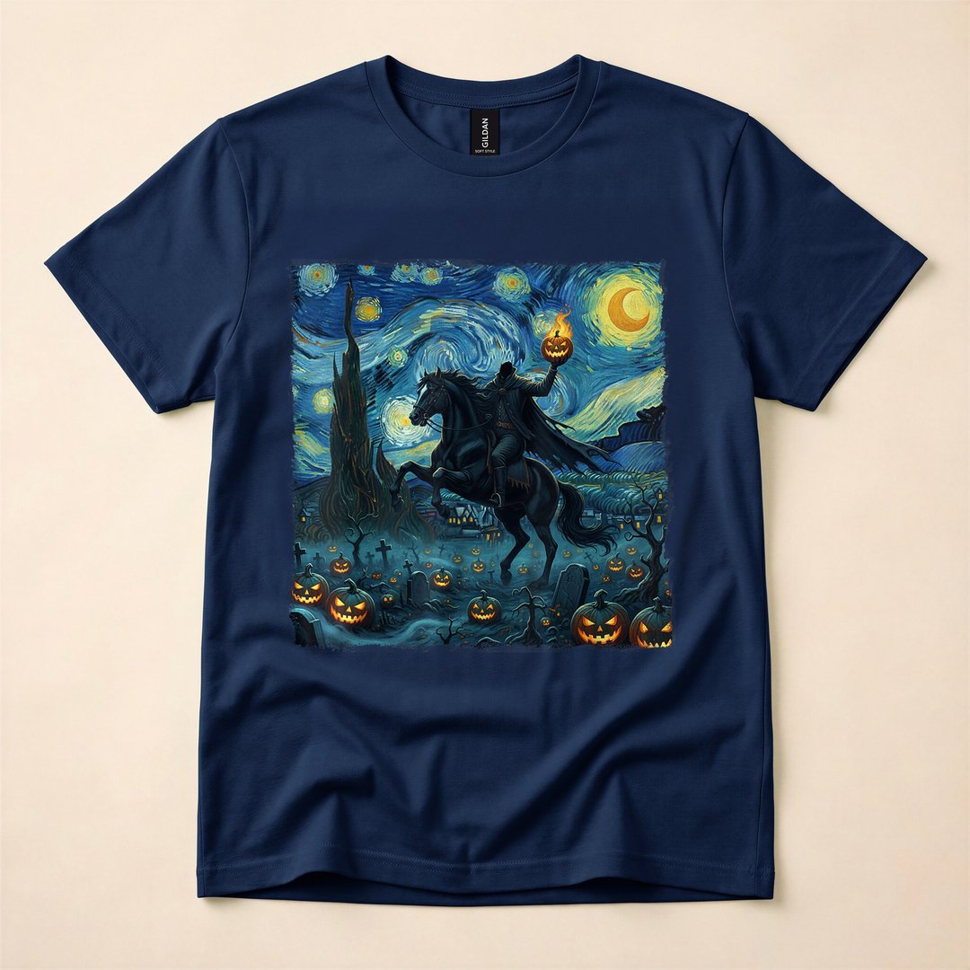 Headless Horseman Pumpkin Starry Night Halloween T-Shirt - photo 2