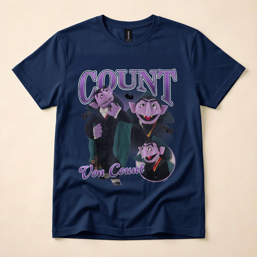 Count von Count Vampire Sesame Street Bootleg T-Shirt, Retro Halloween Graphic Tee - photo 2