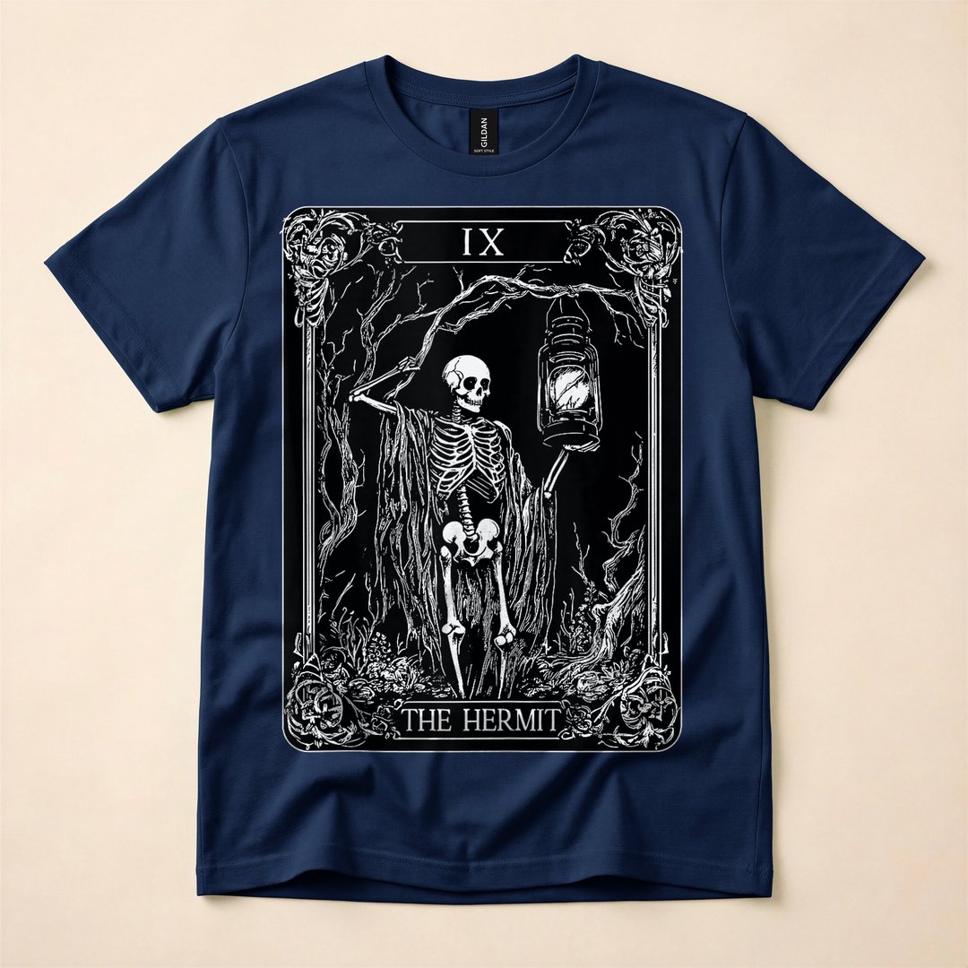 Skeleton The Hermit Tarot Card Gothic Halloween T-Shirt - photo 2