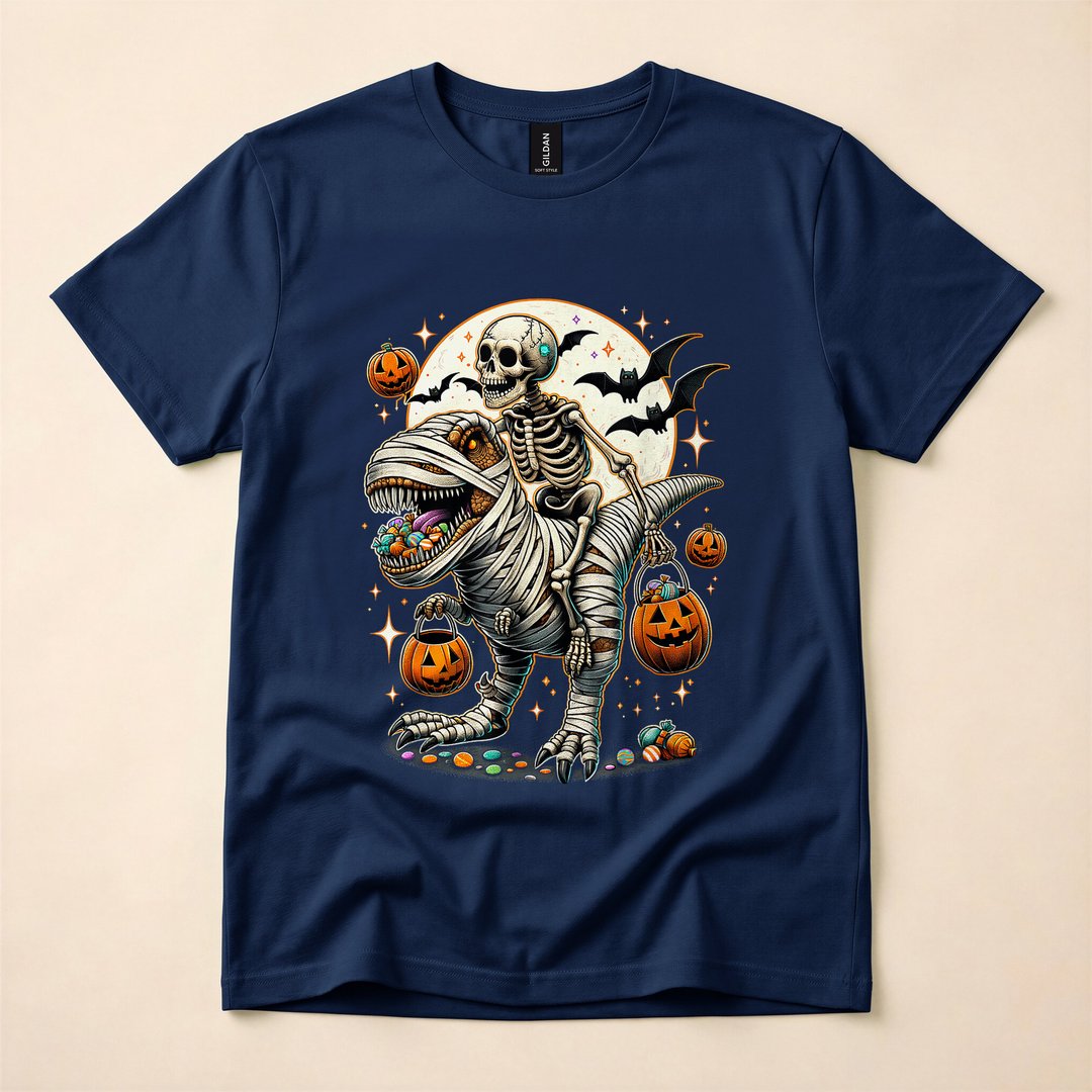 Skeleton Riding a Mummy T-Rex Funny Halloween T-Shirt - photo 2