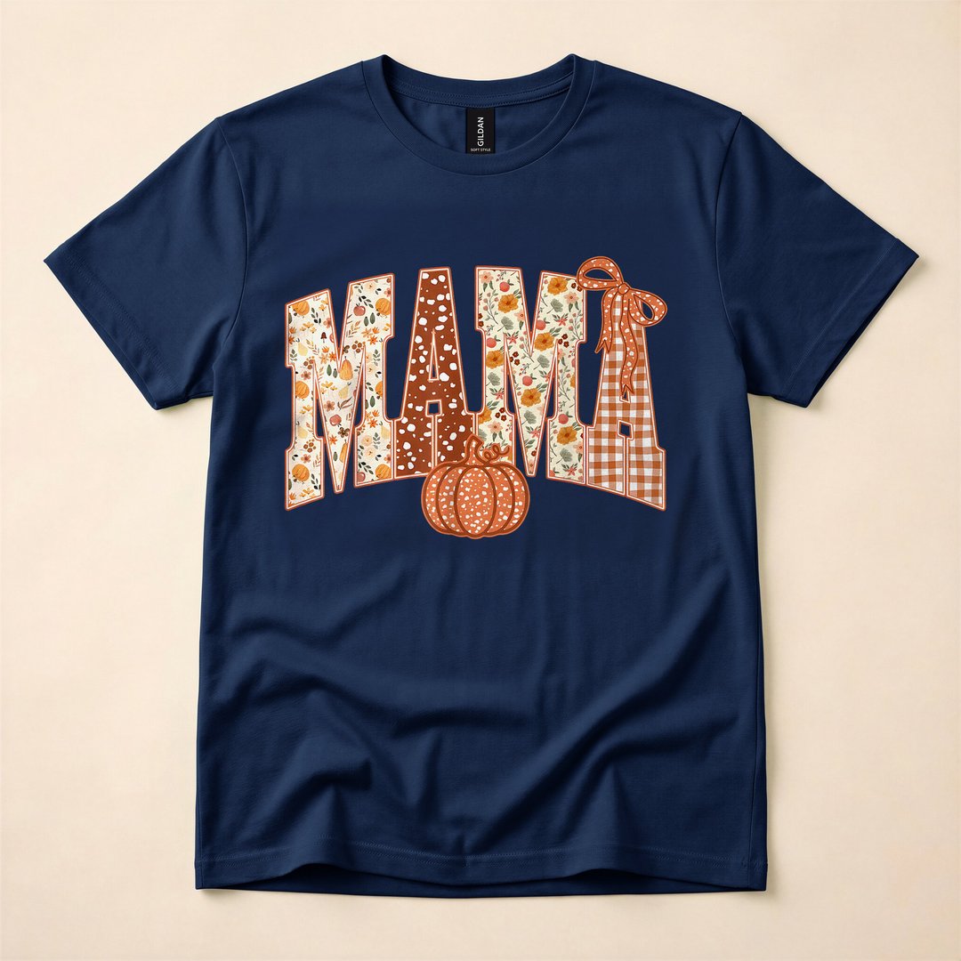 Mama Patchwork Pumpkin Floral Fall Season T-Shirt - photo 2