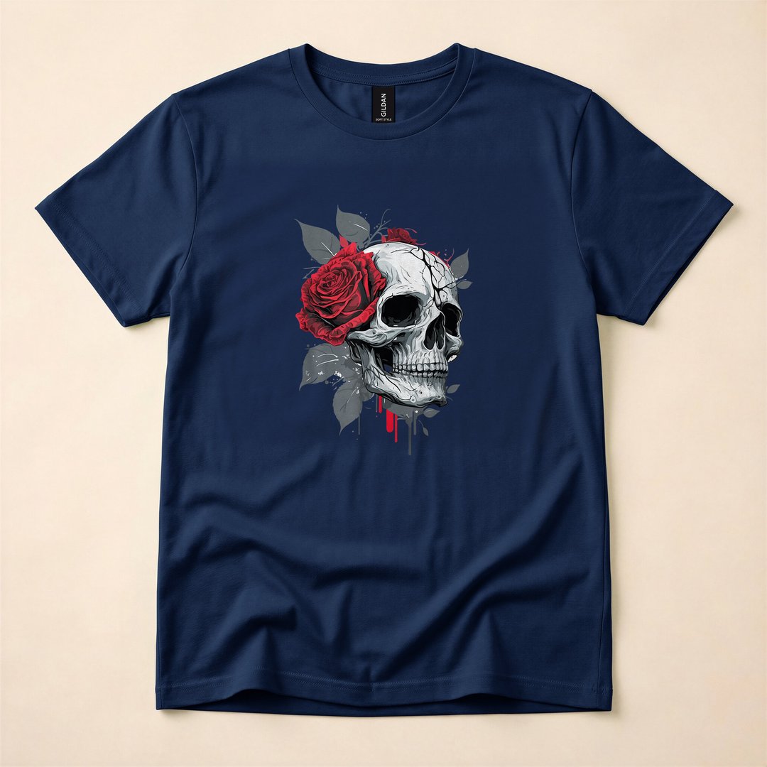 Skeleton Skull Hand Holding a Red Rose Gothic T-Shirt - photo 2