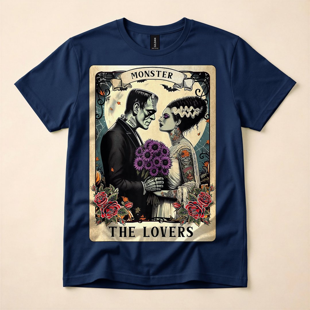 Frankenstein and Bride Lovers Tarot Card Halloween T-Shirt - photo 2