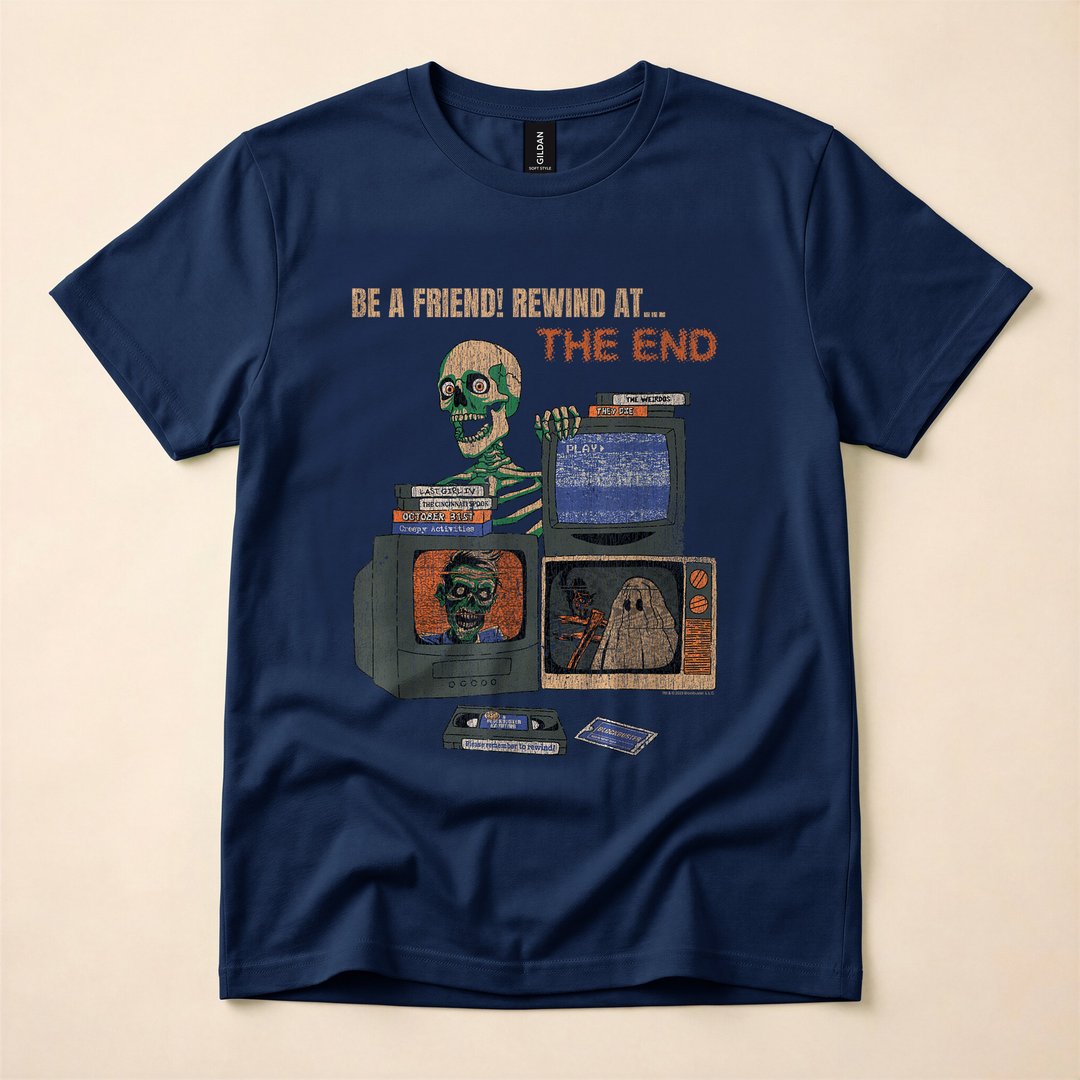 Blockbuster Rewind Horror Movie Skeleton Vintage Halloween T-Shirt - photo 2