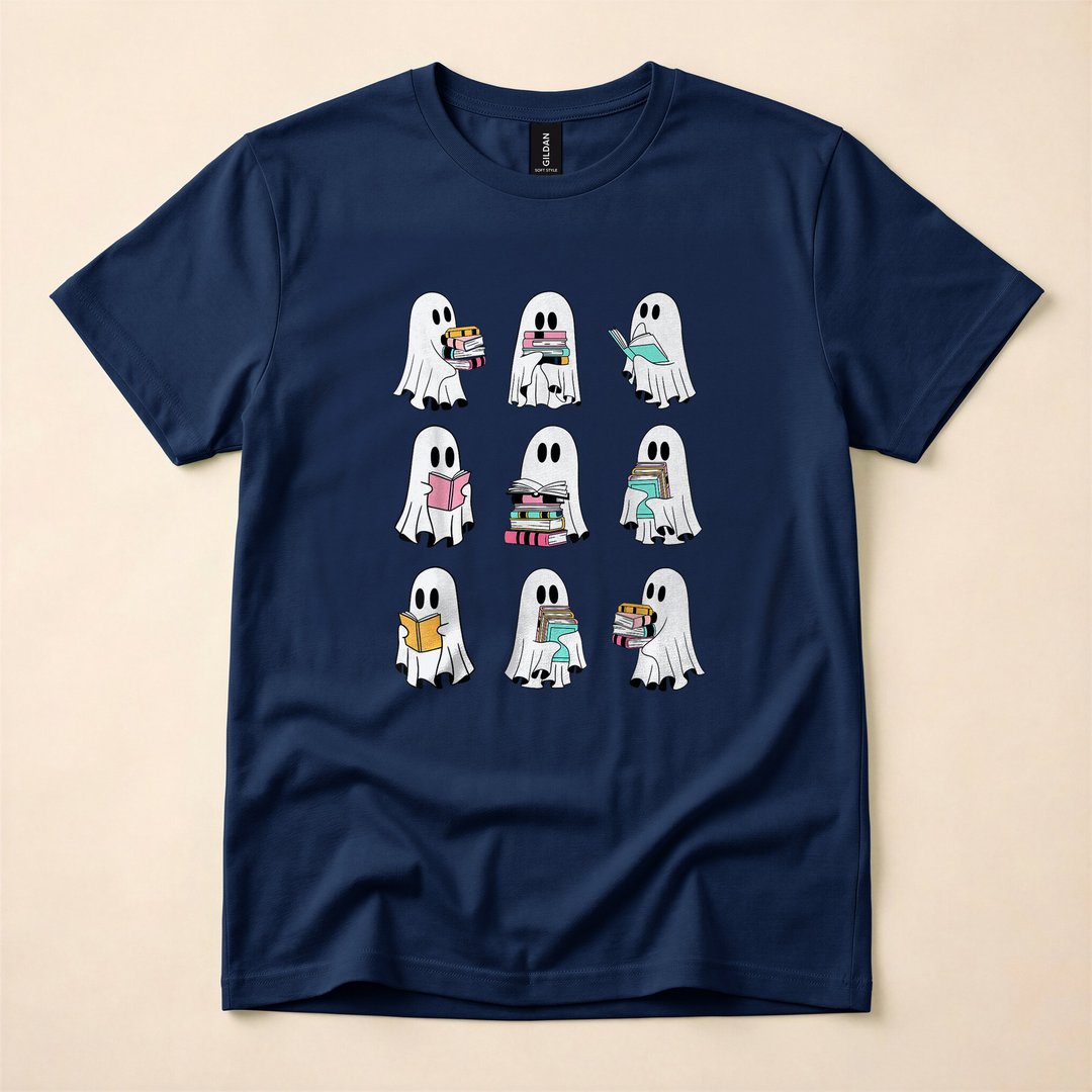 Retro Groovy Ghost Reading Books Spooky Reader T-Shirt - photo 2