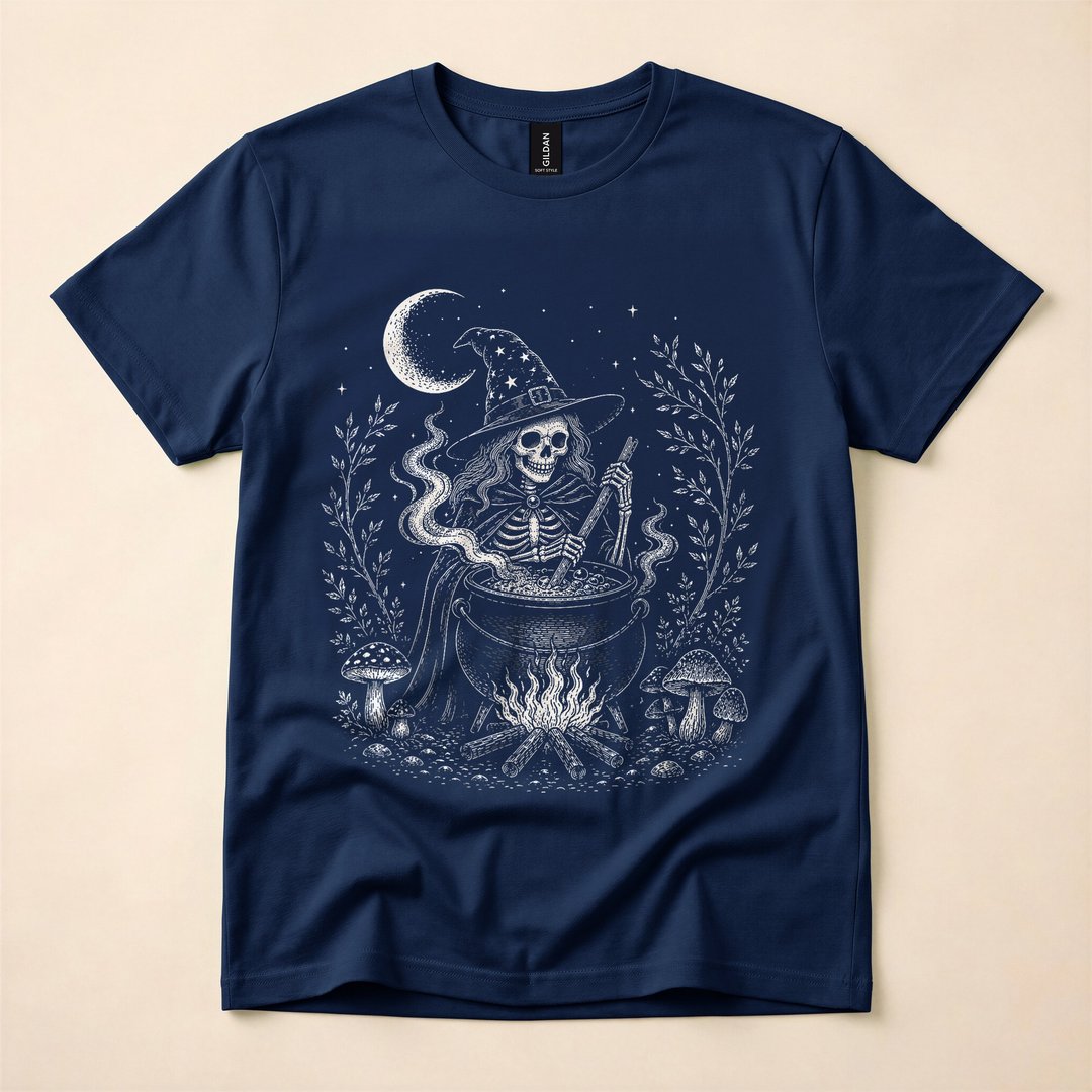 Vintage Skeleton Witch Cottagecore Halloween T-Shirt - photo 2