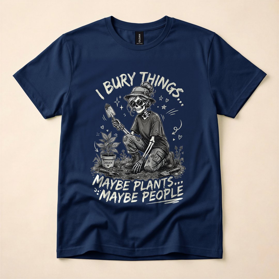 I Bury Things Maybe Plants Maybe People Skeleton T-Shirt, Funny Halloween Graphic Tee - photo 2