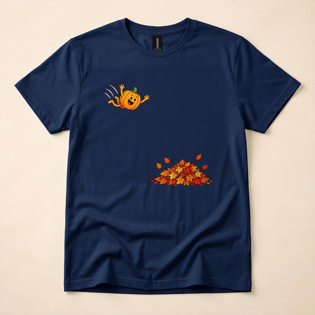 Cute Pumpkin Jumping Into Fall Leaves Autumn T-Shirt - photo 2