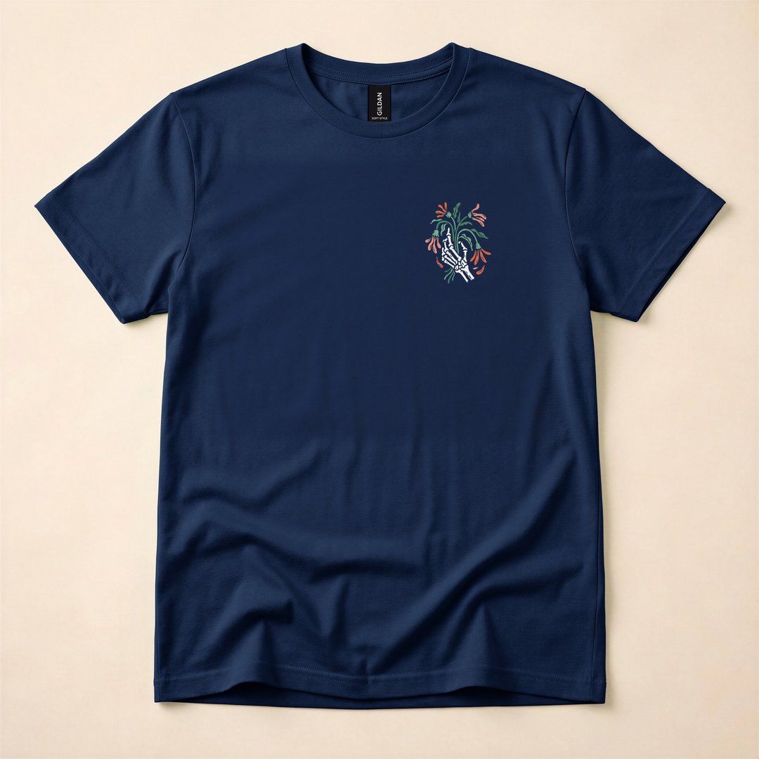 Skeleton Hand Holding Dead Flower Bouquet T-Shirt - photo 2
