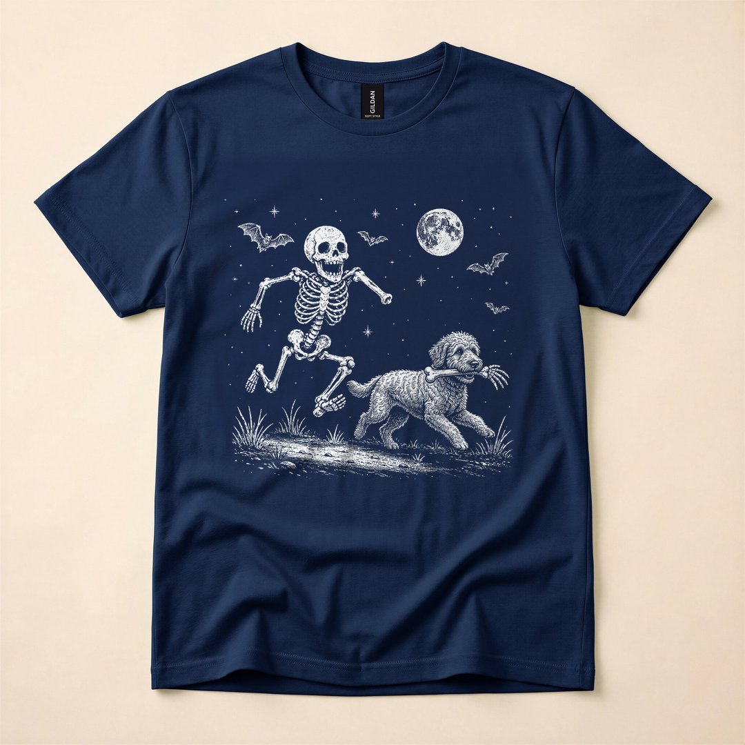Funny Skeleton Chasing Goldendoodle Halloween Dog T-Shirt - photo 2