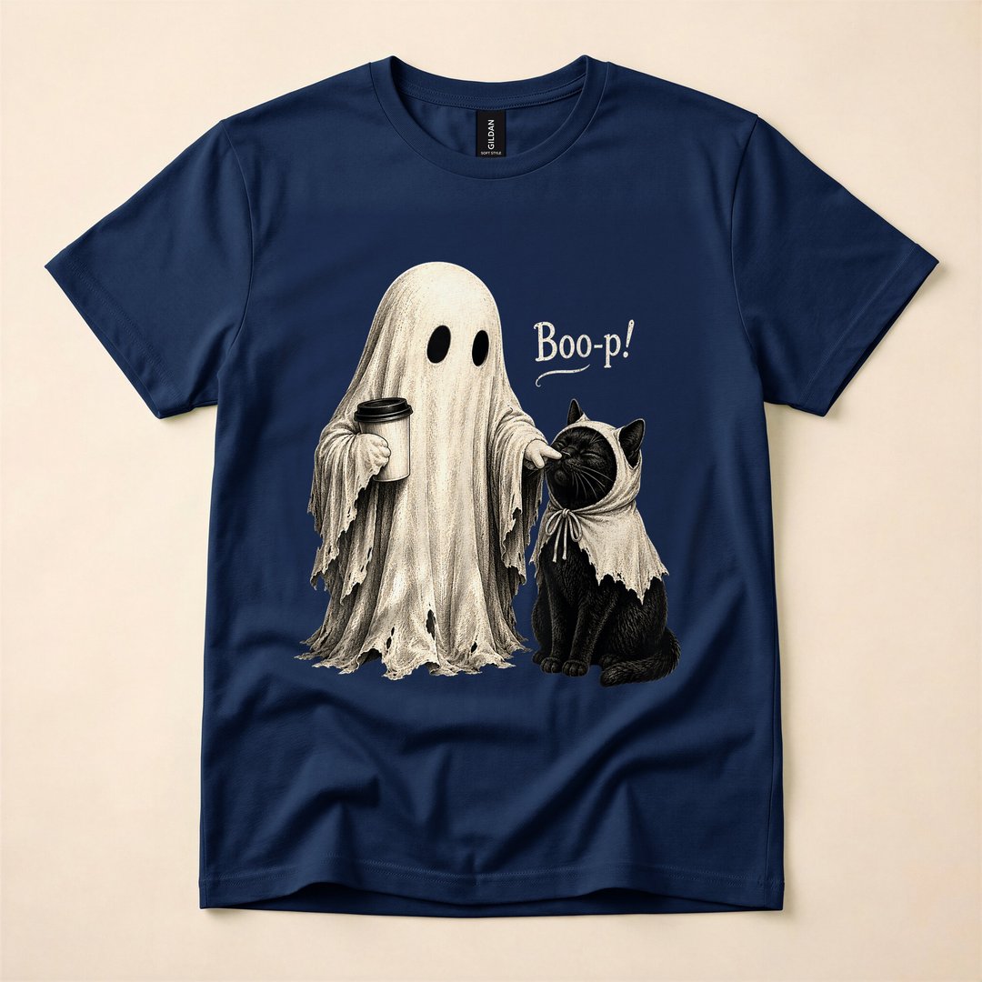 Adorable Vintage Ghost Boo-ping a Black Cat Halloween T-Shirt - photo 2