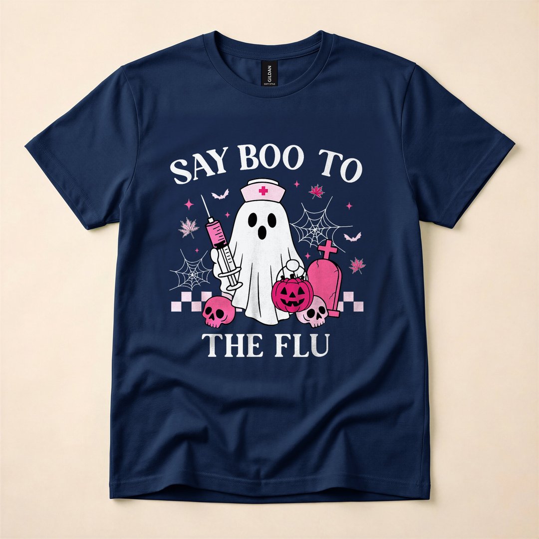 Say Boo to the Flu Funny Nurse Ghost Halloween T-Shirt - photo 2