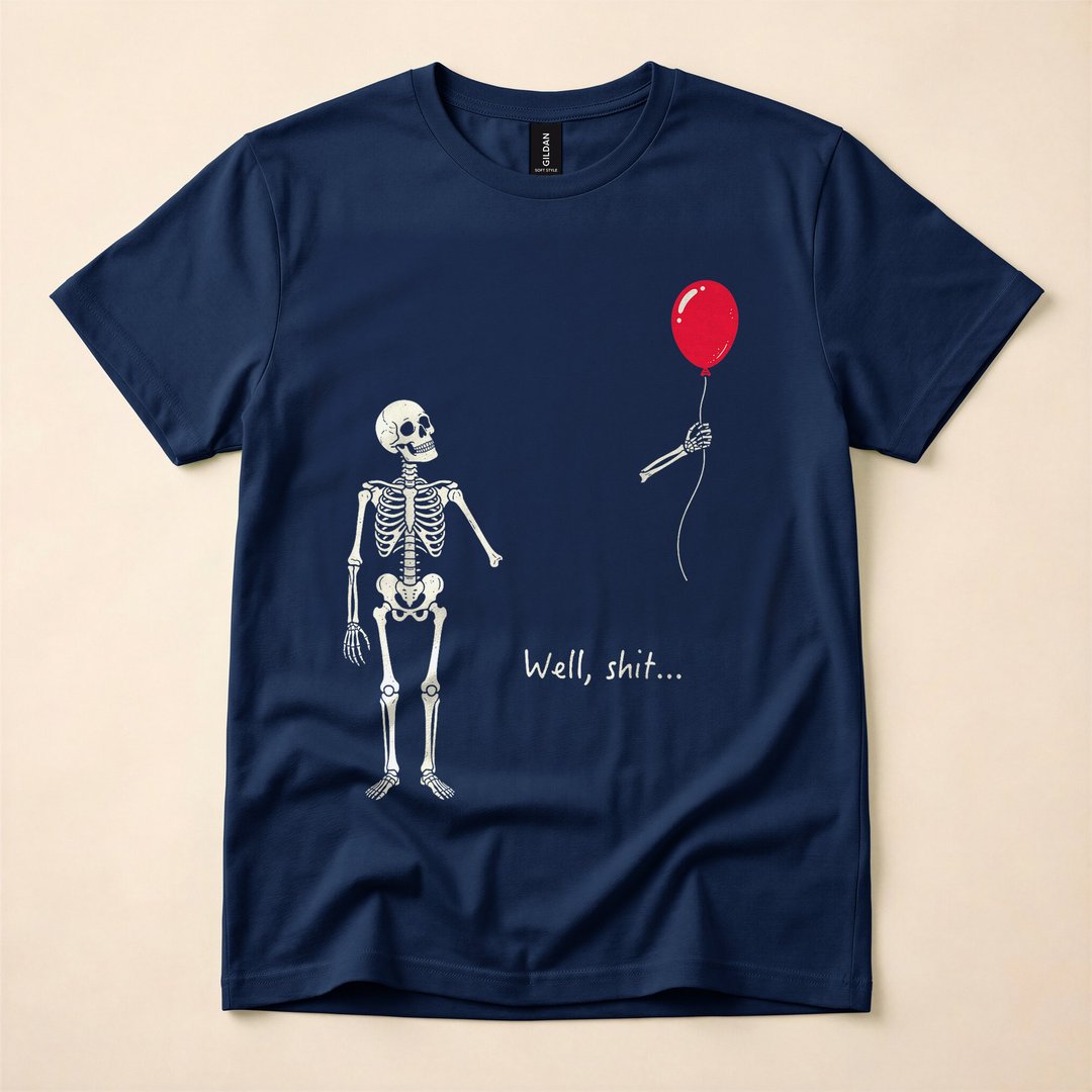 Skeleton With Lost Balloon Well Shit Funny Halloween T-Shirt - photo 2