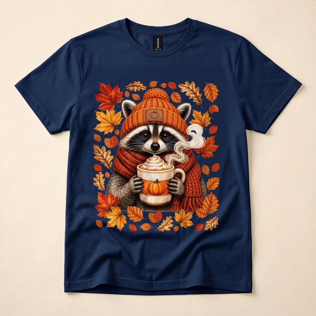 Raccoon Pumpkin Spice Latte Cozy Fall Autumn T-Shirt - photo 2
