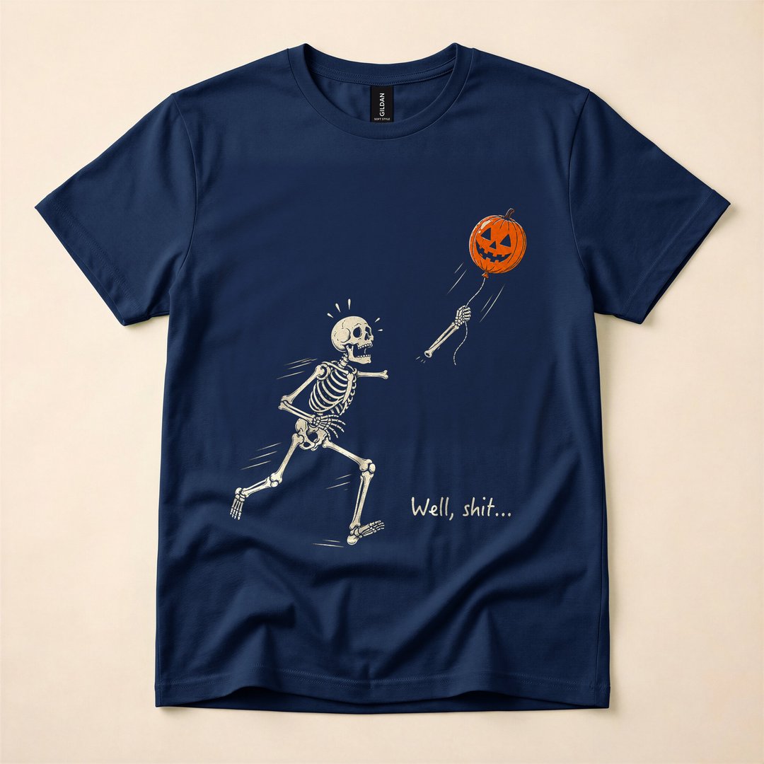 Skeleton Chasing a Lost Balloon Retro Halloween T-Shirt - photo 2