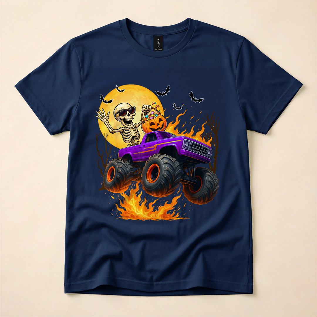 Skeleton Riding a Monster Truck Halloween T-Shirt - photo 2