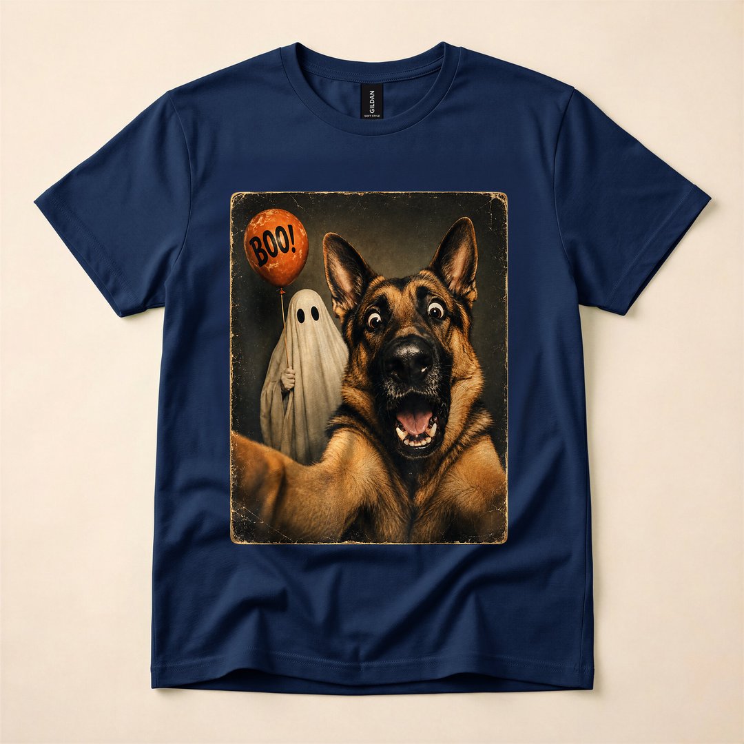 German Shepherd Ghost Selfie Boo Halloween Dog T-Shirt - photo 2