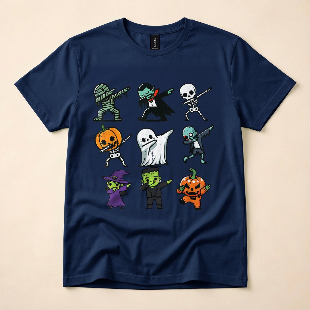 Dabbing Ghost Pumpkin Skeleton Kids Halloween T-Shirt - photo 2