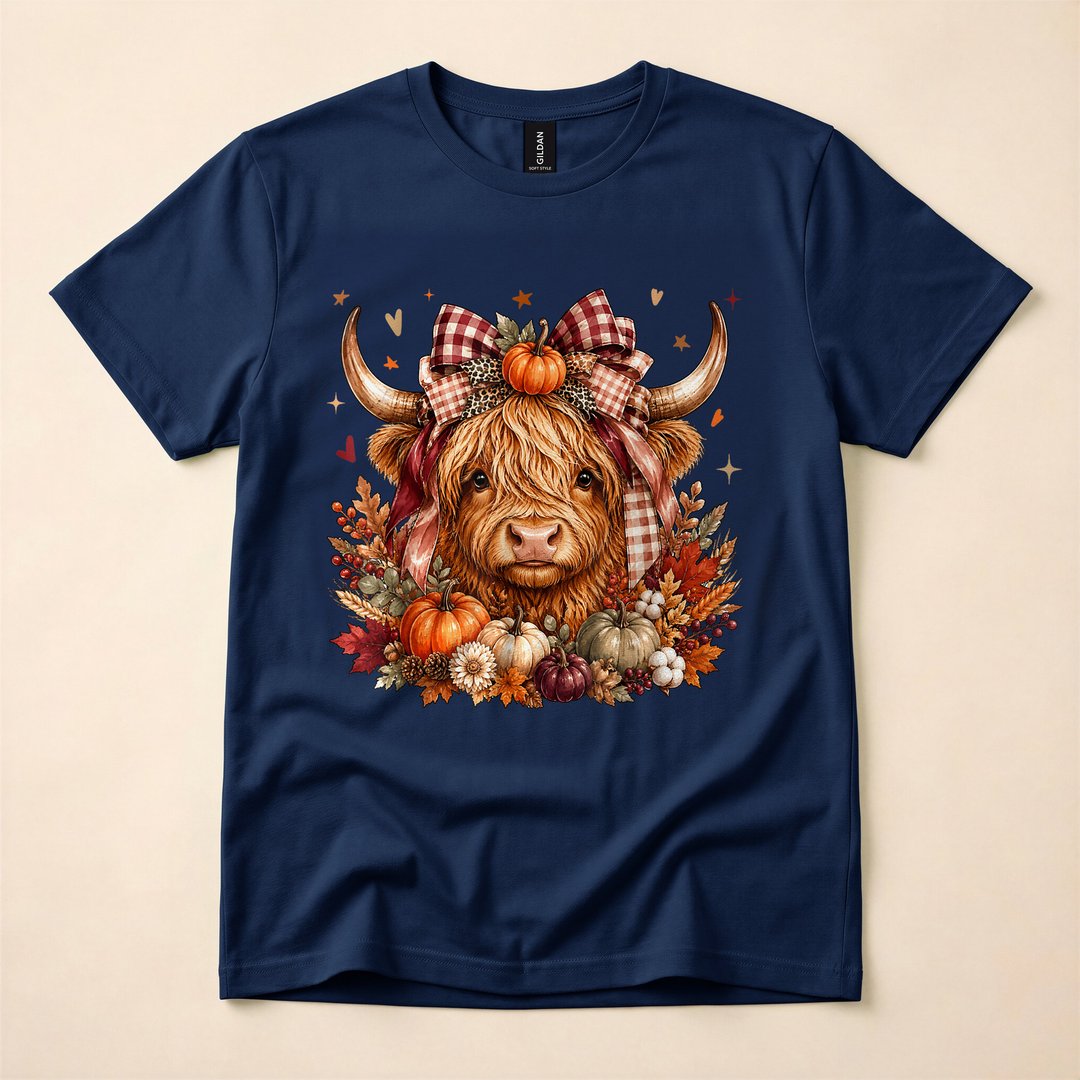 Highland Cow Pumpkin Coquette Bow Autumn Fall T-Shirt - photo 2
