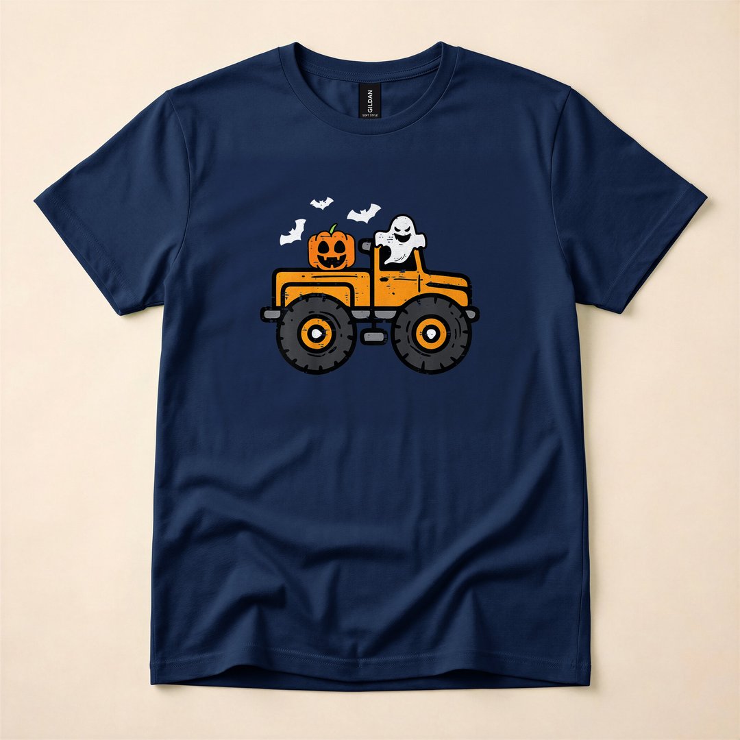 Monster Truck Ghost and Pumpkin Halloween Kids T-Shirt - photo 2
