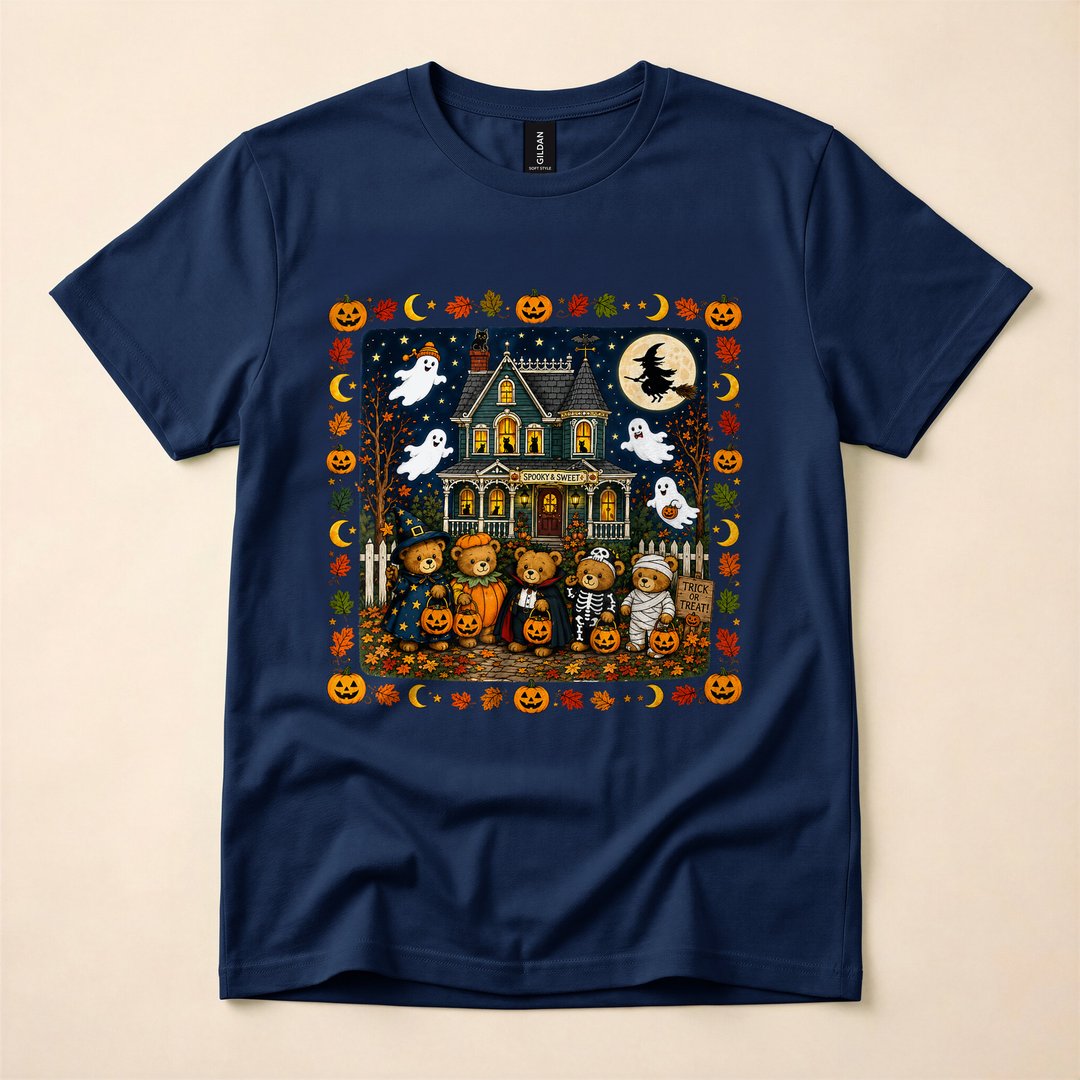 Cute Halloween Teddy Bears Haunted House Scene T-Shirt - photo 2