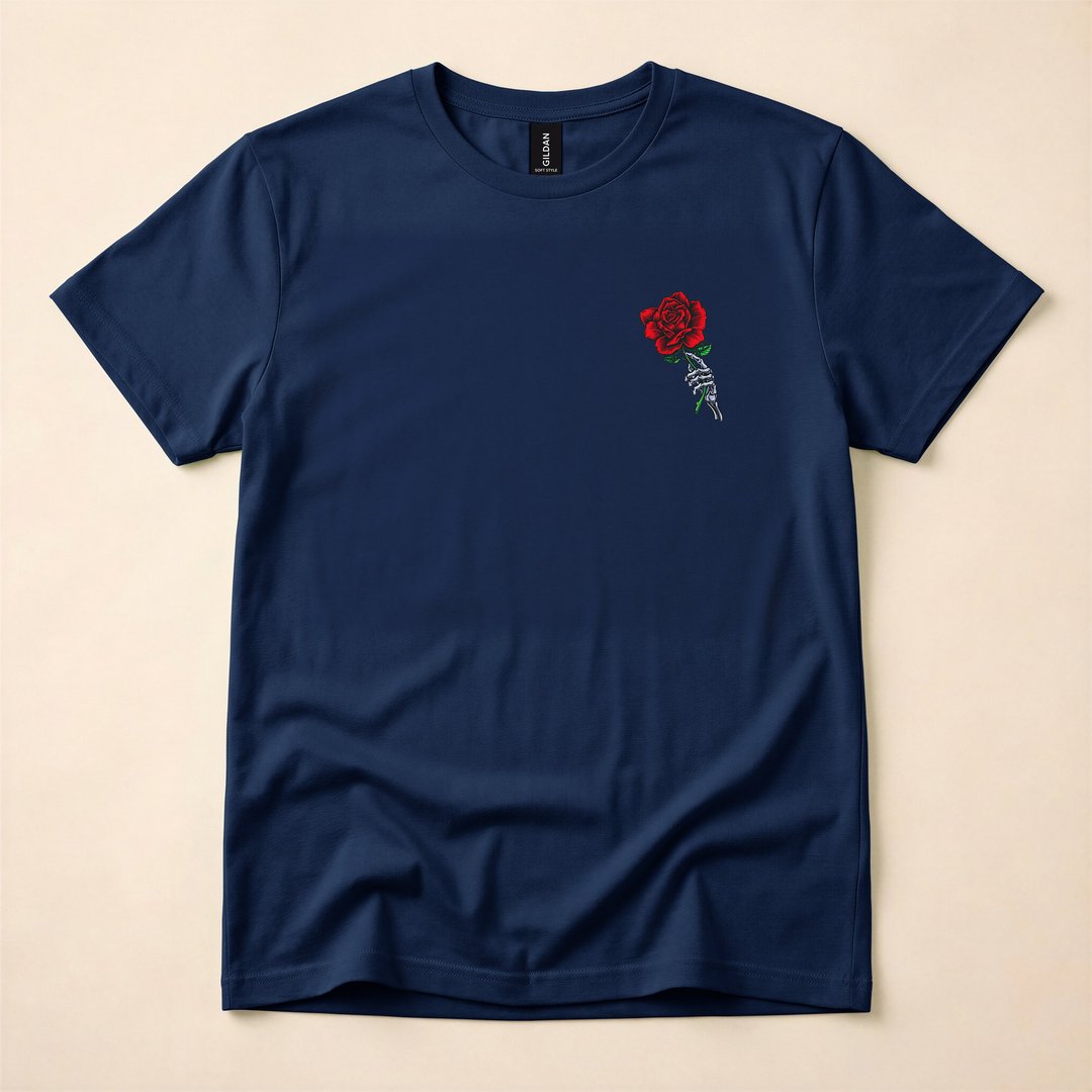 Skeleton Hand Holding a Red Rose Gothic T-Shirt - photo 2