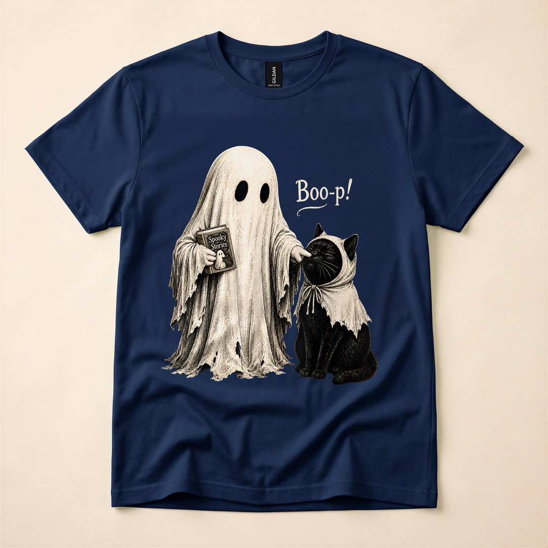 Vintage Halloween Ghost Black Cat and Spellbook T-Shirt - photo 2