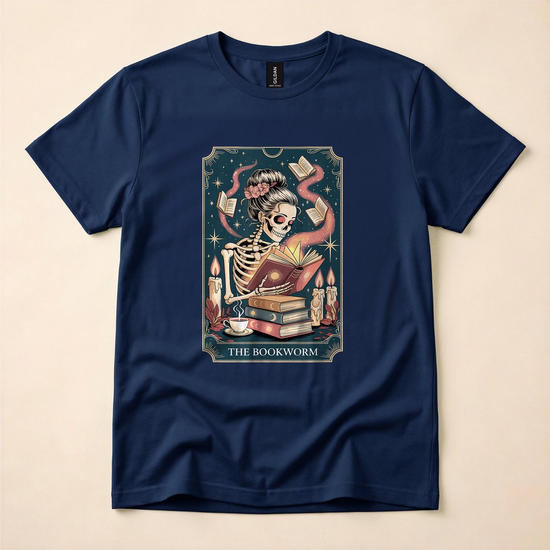 Bookworm Skeleton Reading Tarot Dark Academia T-Shirt - photo 2